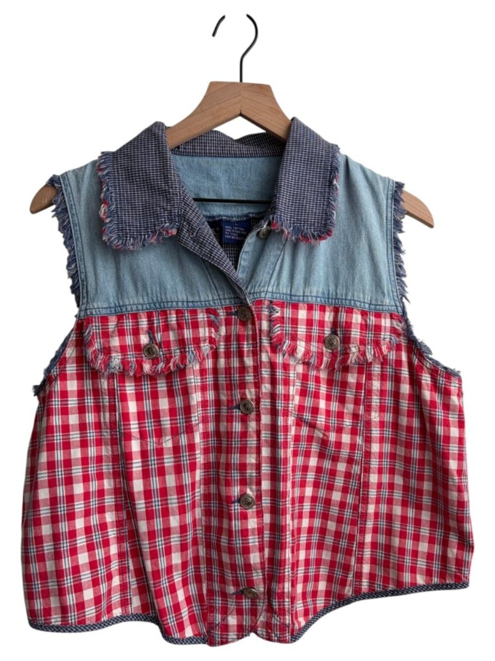 Rustic Denim Patchwork Denim Vest Americana Plaid Indie Cottagecore Large